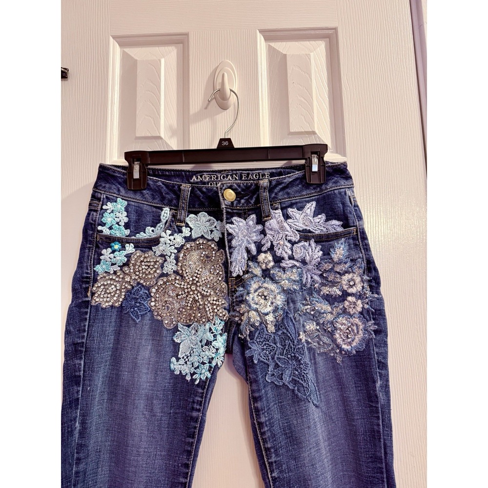 VTG American Eagle Sz 6 Denim SS Jeggings Rhinestones Birds Flowers Lace Beads